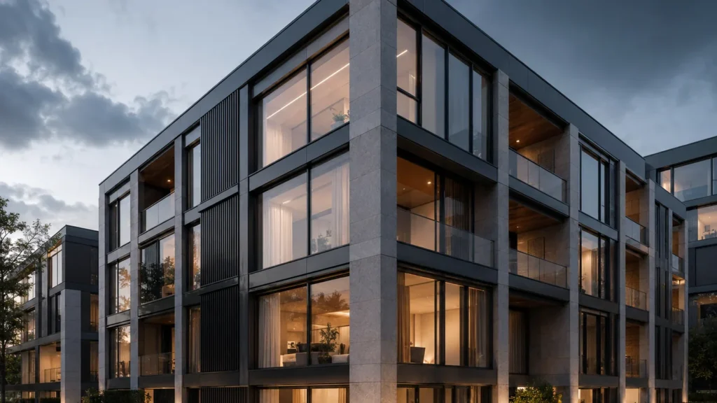 Modernes gewerbliches Bauprojekt mit großflächigen Fenstersystemen